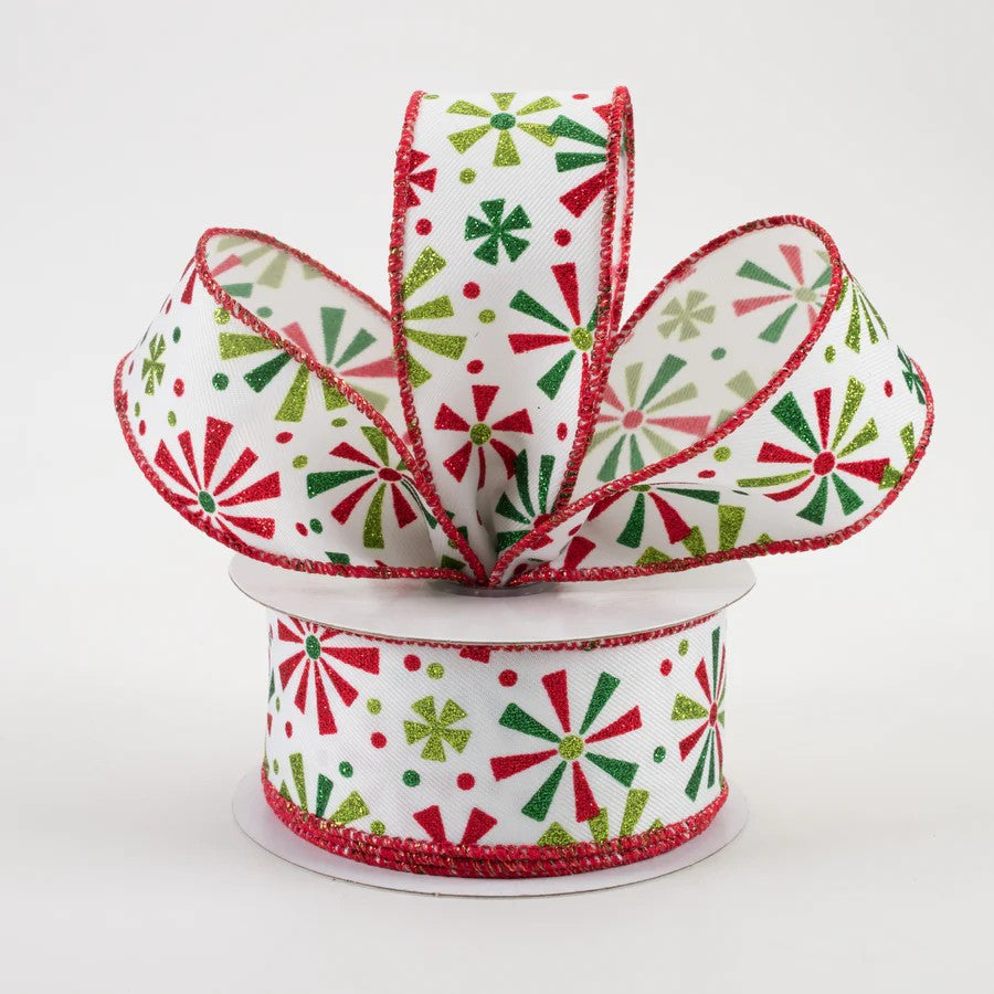 1.5" Glitter Vintage Pinwheels  Wired Ribbon: White, Red, Emerald, Lime (10 Yards)