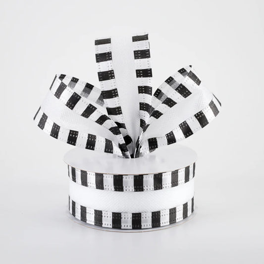 1.5 inch White with Black Wired Ribbon 10 yards